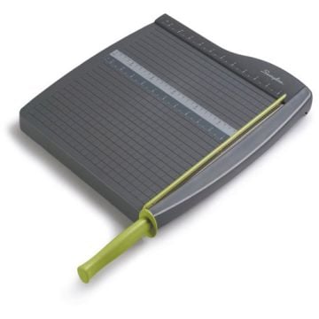 A Swingline ClassicCut Lite 12" Guillotine Trimmer with a green handle and a black grid cutting surface.