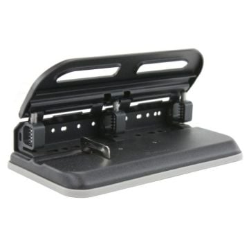 A black and silver Swingline 24 Sheet Easy Touch Heavy Duty Hole Punch, featuring adjustable punching heads and a sturdy base for precision and durability.