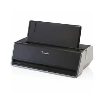Swingline 28 Sheet Commercial Electric 3-Hole Punch machine with a sleek black and gray design, featuring a compact build for efficient and easy hole punching.