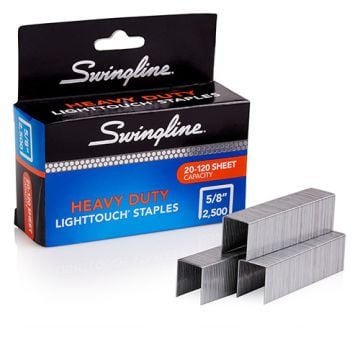 Swingline 5/8" LightTouch Heavy Duty Staples box with staples stacked in front.