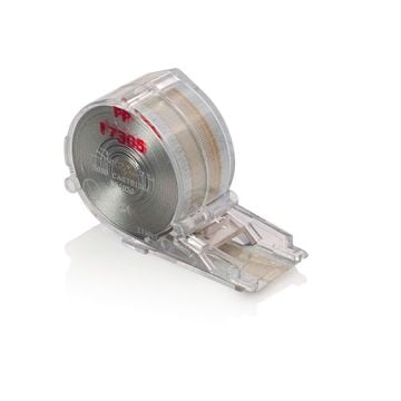 A close-up image of a transparent Swingline 50050 Chisel Point Staple Cartridge, showcasing its internal staples and clear casing.