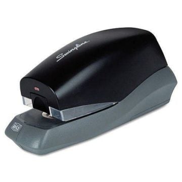 A Swingline Black Breeze Automatic Stapler with a sleek black and gray design, ideal for efficient and easy stapling.