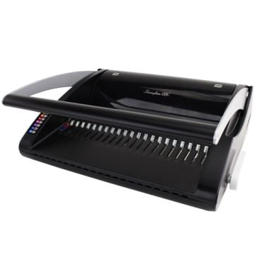 A Swingline GBC C20 CombBind Binding Machine, featuring a sleek black design with a handle and comb binding mechanism, used for securely binding documents.
