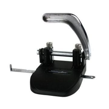 A Swingline Heavy Duty 2-Hole Punch with a sleek black base and a chrome handle, designed for efficient and precise punching of documents.