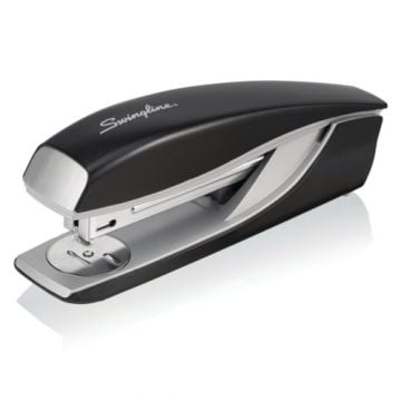 A Swingline NeXXt Style Black Full-Strip Metal Desktop Stapler with a sleek black and silver design.