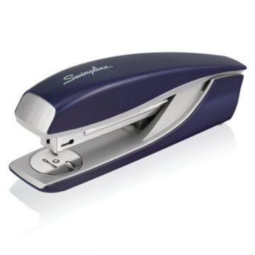 A close-up image of a Swingline NeXXt Style Blue Full-Strip Metal Desktop Stapler placed on a white background.