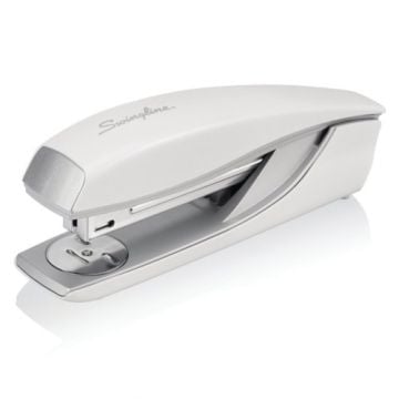 Side view of a Swingline NeXXt Style White Full-Strip Metal Desktop Stapler with a sleek, modern design.