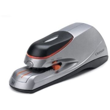 Silver and black Swingline Optima 20 Electric Stapler with an ergonomic design and orange accents.