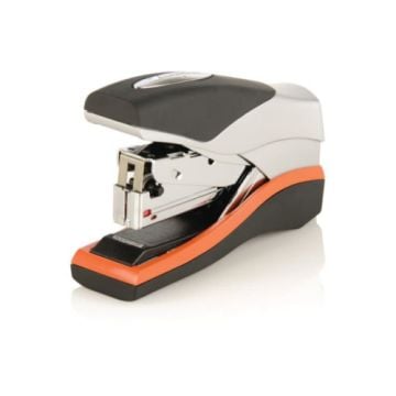 A Swingline Optima 40 Black/Silver Low Force Compact Stapler with an orange accent, designed for efficient stapling.