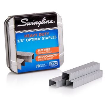 A box of Swingline Optima Premium 3/8" High Capacity HC Staples, showing two stacks of heavy-duty staples beside the packaging.