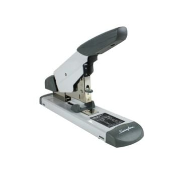 A Swingline Platinum Heavy Duty Stapler, featuring a sleek silver and gray design with a durable build for high-volume stapling tasks.