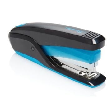 A Swingline Quick Touch Black/Blue 20-Sheet Full Strip Stapler with a sleek black and blue design is shown.