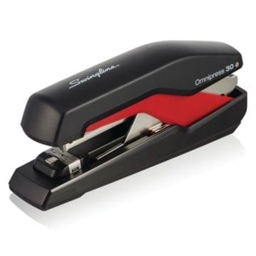 A Swingline Rapid Omnipress 30 Black/Red Full Strip Stapler featuring a sleek black design with red accents and sturdy metal components.