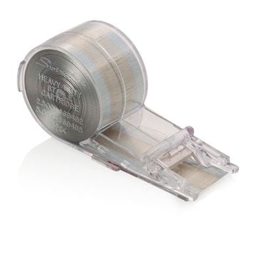 A clear plastic Swingline S.F. 227 Staple Cartridge with visible metal staples inside.