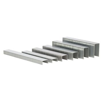 Showing various sizes of Swingline S.F. 39 Heavy Duty Staples arranged in a row, illustrating their thickness and length.