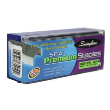 A box of Swingline S.F. 4 Premium Staples 5000pk, featuring the product label and staples partially visible through the packaging.