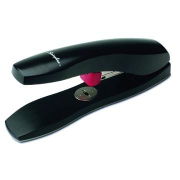 A sleek black Swingline High Capacity 60-Sheet Desk Stapler with a curved design and red accent is shown.