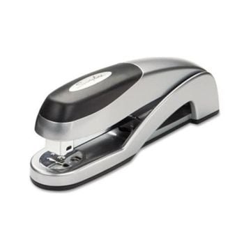 A sleek Swingline Silver Optima Jam Free Desk Stapler with a black and silver design, shown at an angle.
