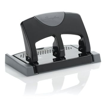 Black Swingline SmartTouch Low Force 45-Sheet 3-Hole Punch with a sleek, ergonomic design, featuring a durable metal construction and a comfortable handle for effortless punching.