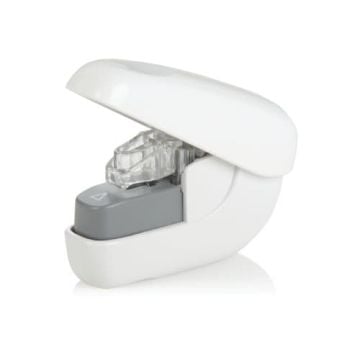A Swingline White Stapleless Stapler with a sleek design, featuring a white casing and a visible mechanism for binding papers without staples.