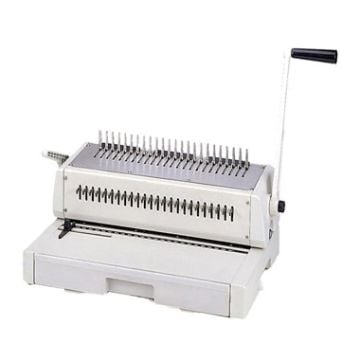A Tamerica DuraBind 242 14" Legal Plastic Comb Binding Machine with a sturdy manual lever, designed for binding documents with plastic combs for a professional finish.