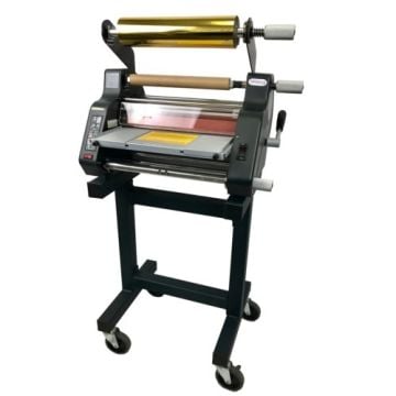 The Tamerica TCC-1400F+ 14" Two-Sided Thermal Roll Laminator and Foil Fuser on a mobile stand with gold foil roll mounted.