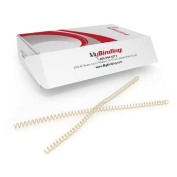 Tan 4:1 Pitch Plastic Spiral Binding Coil shown with a packaging box from MyBinding in the background.