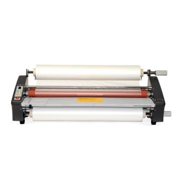 Shows a Hop Industries TCC-EASY1 27" School Roll Laminator with dual rolls of laminating film, designed for educational and office use.
