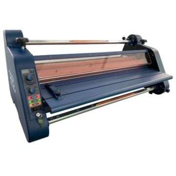 A Hop Industries TCC-EASY2 27" Thermal Roll Laminator, featuring a blue exterior with control buttons on the side and rollers for lamination.