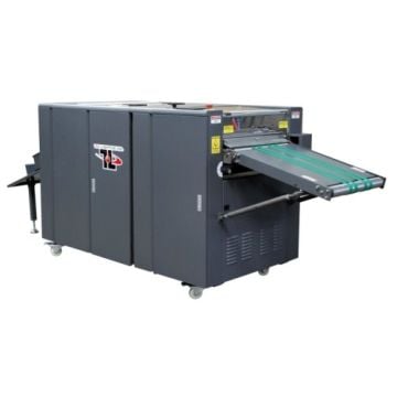 A Tec Lighting TruCoat 16 Inline UV Coater with a compact design, featuring a dark gray exterior, control panel, and conveyor system extending from the front for efficient UV coating applications.