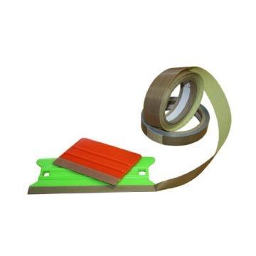 A 5-Piece Vehicle Body Molding Removal Tool set featuring adhesive tape rolls and plastic scrapers in green and orange, designed for precise automotive applications.