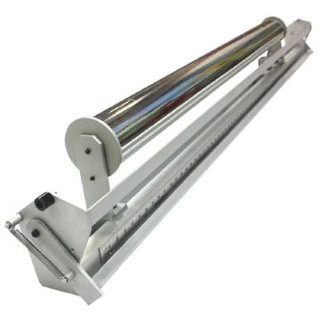 A professional-grade cutter featuring a metallic roll holder and precise measuring guide, designed for handling The Handler Vehicle Wrap and Window Tint Films Cutters.