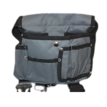 A gray Magnetic 10-Pocket Pro Wrap Tool Pouch featuring multiple compartments, black trim, and secure button fastenings designed for organized tool storage.