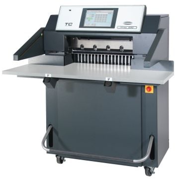 Challenge Titan 230 TC 23 Hydraulic Programmable Paper Cutter with Color Touch Screen Control, featuring a modern design for precision cutting.