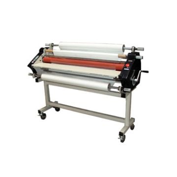 A Tamerica TCC1200 Wide Format 45" Hot And Cold Roll Laminator on a metal stand with multiple rollers and adjustable settings.