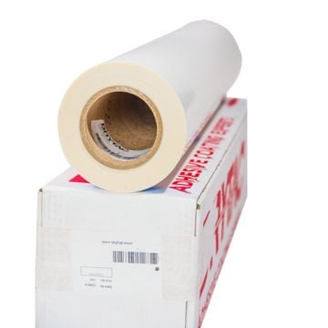 Roll of Protac Scribe 2.5mil Dry-Erase PS Overlaminate placed on top of its packaging box.