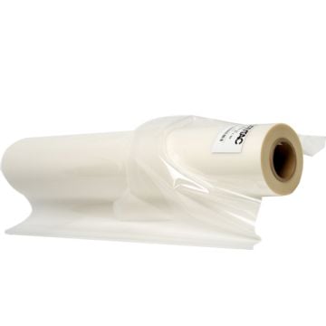 A roll of MHL Gloss 3mil Low Temp Thermal Laminating Film partially unrolled with a clear glossy finish.