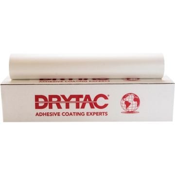 A roll of Trimount Dry Mounting Tissue on top of a Drytac branded box, used for adhesive coating applications.