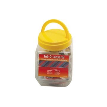 A plastic jar with a yellow lid containing "Tub-O-Lanyards with NPS Swivel Hooks and Bulldog Clips," featuring a red label and handle for easy carrying.