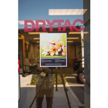 A storefront window displays a floral poster applied with WindowTac Pressure Sensitive Mounting Adhesive.