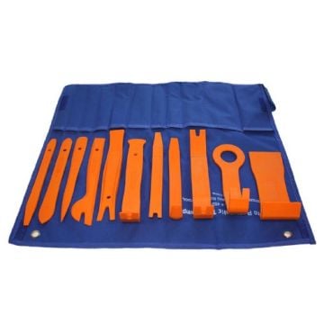 A blue roll-up pouch holding an organized set of 11 bright orange tools, designed specifically for vehicle body molding removal, including various prying, scraping, and pulling tools.