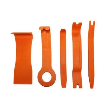 A set of bright orange 5-Piece Vehicle Body Molding Removal Tools arranged in a row, showcasing their varied shapes and specialized designs for prying and panel removal.