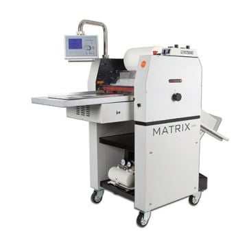 Matrix MX-370P 13" Pneumatic Single Sided Roll Laminator machine with digital control panel and industrial design.