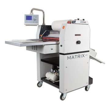 Matrix MX-530P 20" Pneumatic Single Sided Roll Laminator machine with control panel and roller mechanism on wheels.