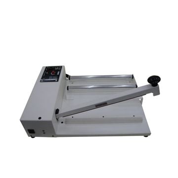 A SealerSales W-Series I-Bar Sealer with a sliding cutter and film roller, featuring a compact white design, dual film rollers, and a manual sealing arm.