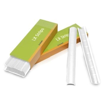 A set of green and orange boxes labeled "White 11" Fastback LX Strips" with white binding strips partially exposed and displayed alongside them.