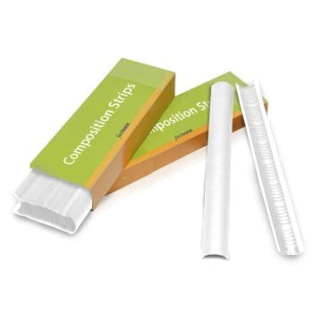 Three white 11" narrow Powis Parker Fastback Composition Strips are shown alongside their green and orange packaging, with one strip slightly curved to reveal its textured surface.