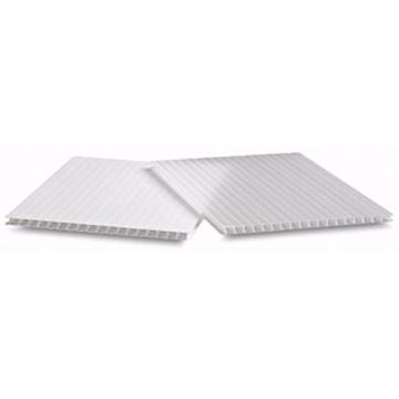 Two white 4mm corrugated plastic boards with a lightweight, ribbed structure, displayed overlapping on a plain background.