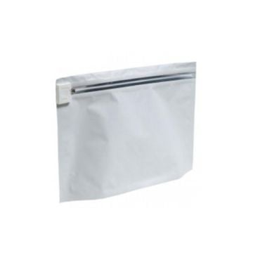 White Child Resistant Bags with a durable, opaque design and a secure resealable zipper closure, featuring a tamper-resistant locking mechanism for safe storage of regulated or sensitive items.
