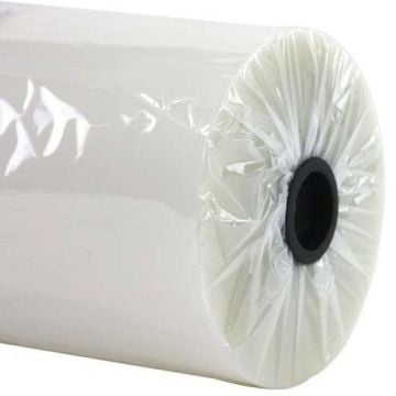 A roll of Platinum-Lam 5mil Hardcoat Matte/Low Lustre Wide Format Thermal Laminating Film w/UVI (3" Core), showing its clear plastic wrap and black core.